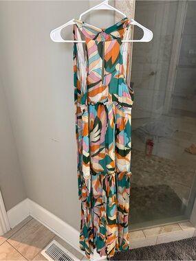 Maeve Multicolor Abstract Print Maxi Dress — Teal, Pink, Orange, Cream